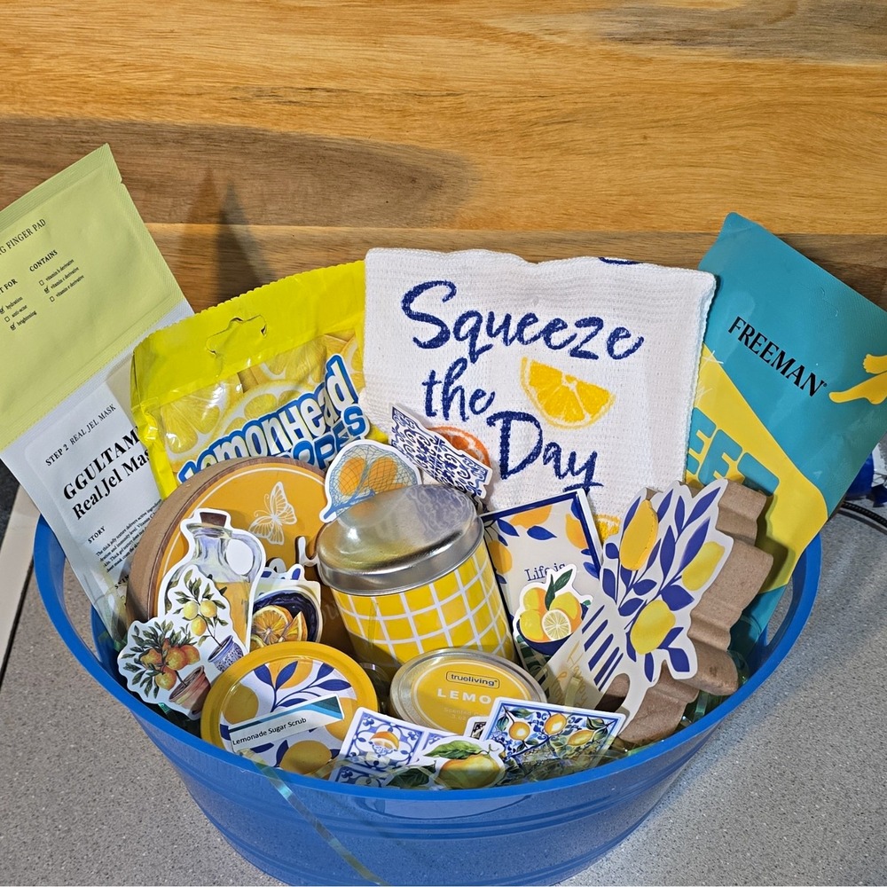 Lemon Theme Self Care Gift Basket w/ Candy, Candle, Scrub & Dish Towel